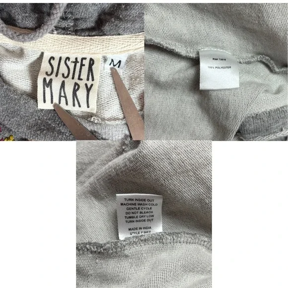 Sister Mary Grey Floral Embroidered Raw Hem Hoodie Sweatshirt Sz Medium Boho - Picture 5 of 8